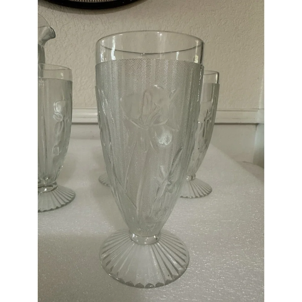 Vtg Clear Depression Glass Jeanette Iris & Herringbone Pitcher & 4 Tall Glasses